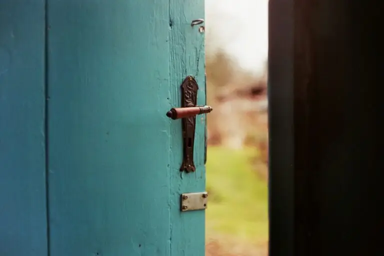 a green wooden door, slightly opened, leading to a green meadow